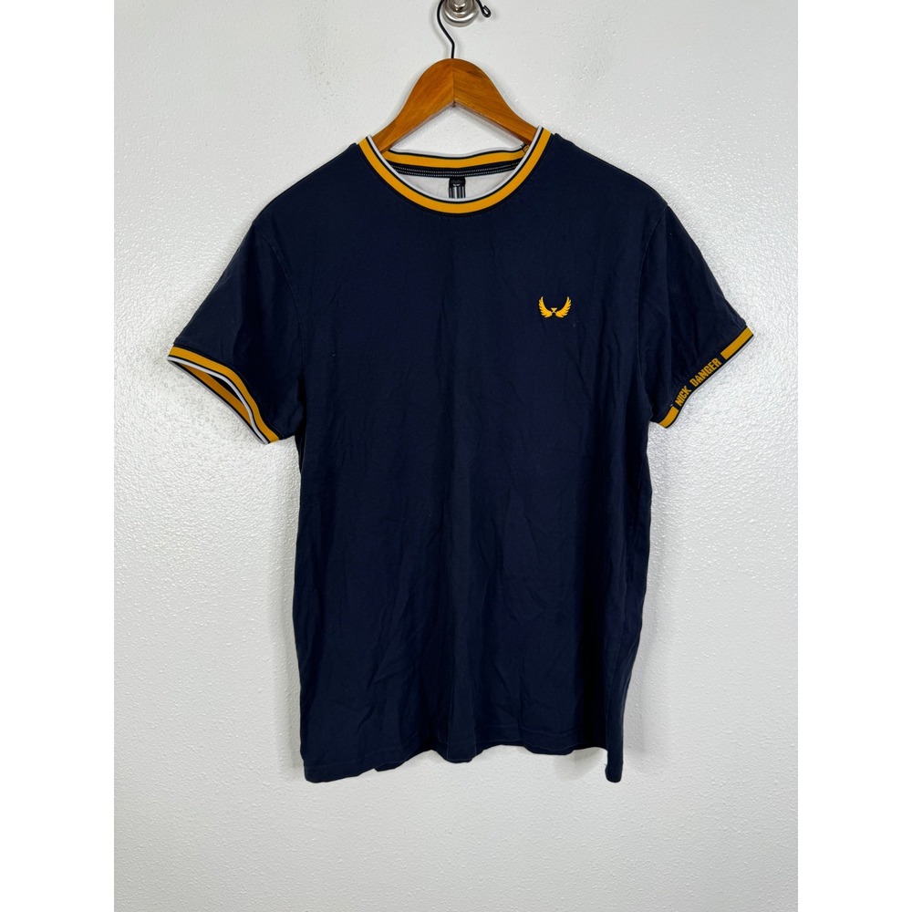 Nick Danger Mens Ringer T-Shirt Navy Blue Yellow Striped Trim Size L